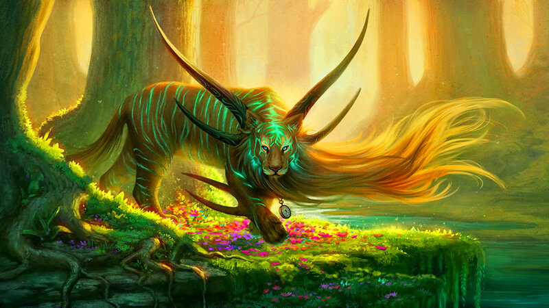 Mythical Lion with Antlers — Green, Serene