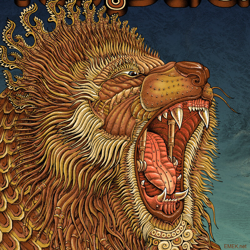 Mythical lion with mechanical features
