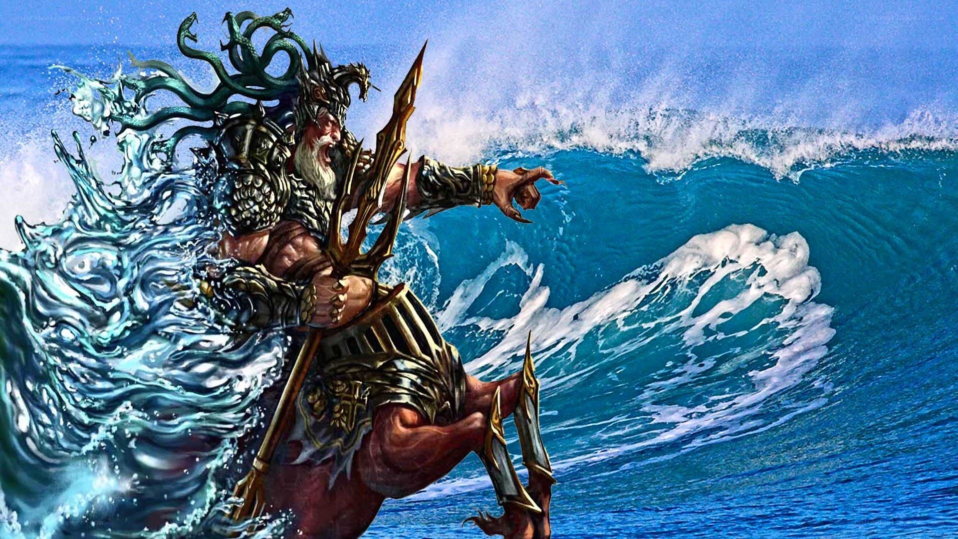 mythical sea god on wave