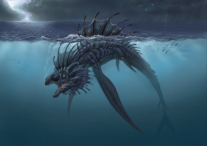 Mythical sea monster in stormy ocean