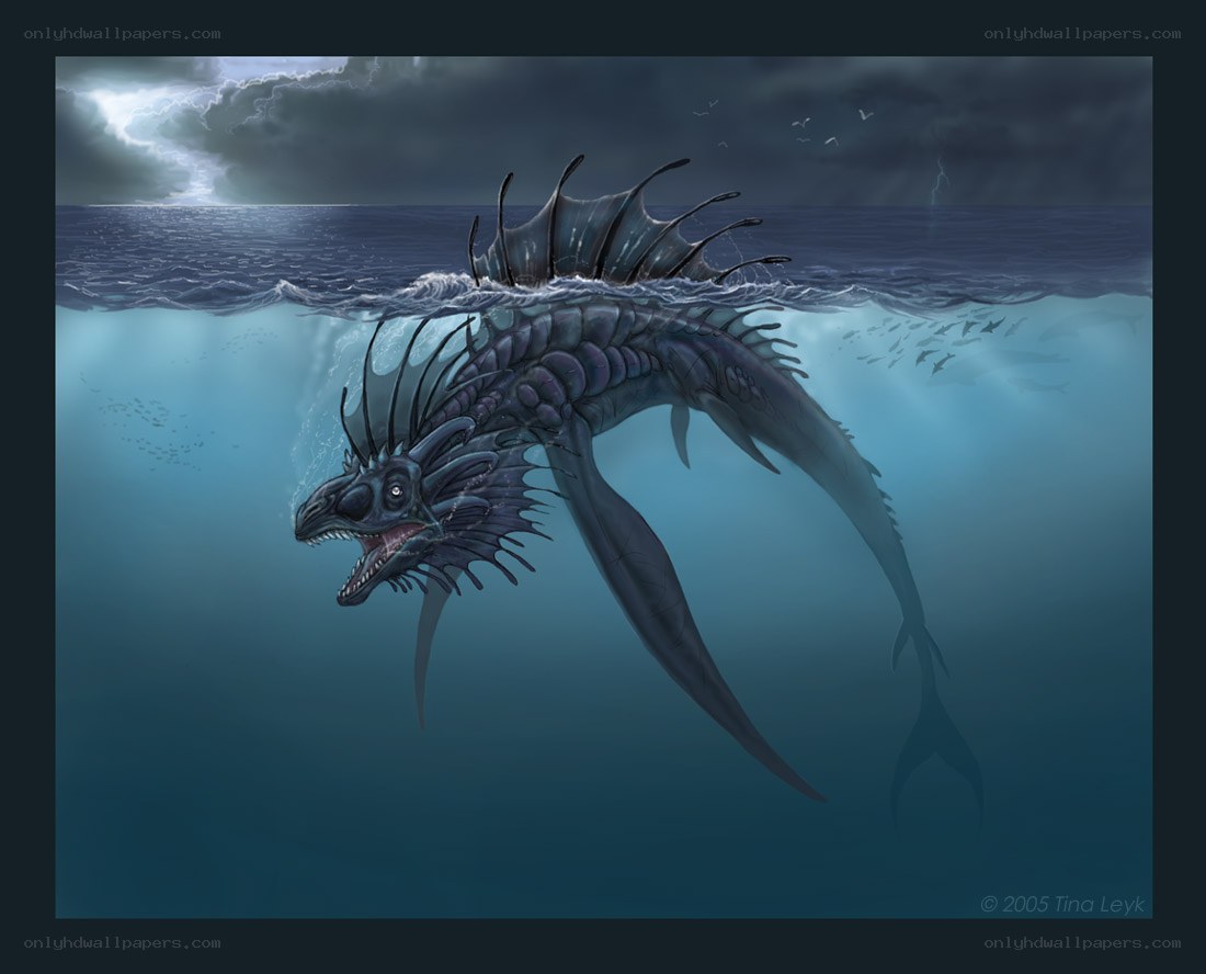 Mythical sea serpent in storm