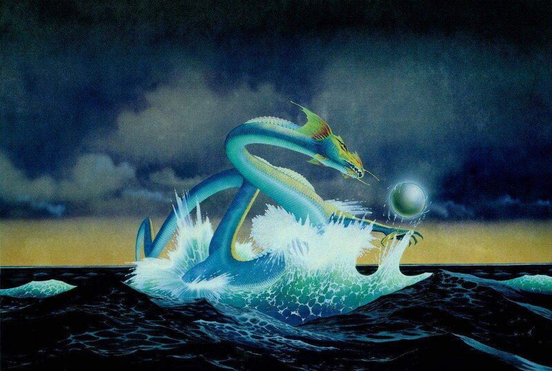 Mythical sea serpent with glowing orb