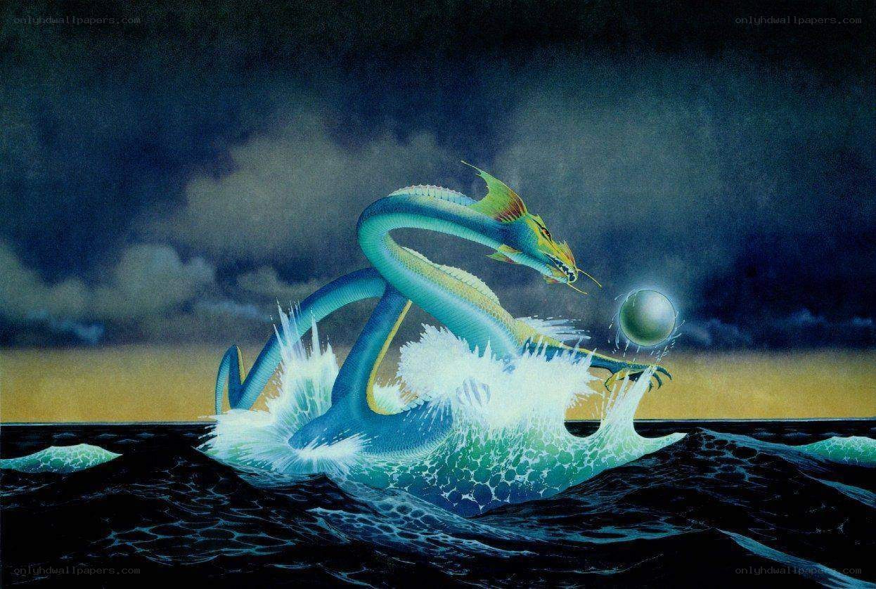 Mythical sea serpent with glowing orb