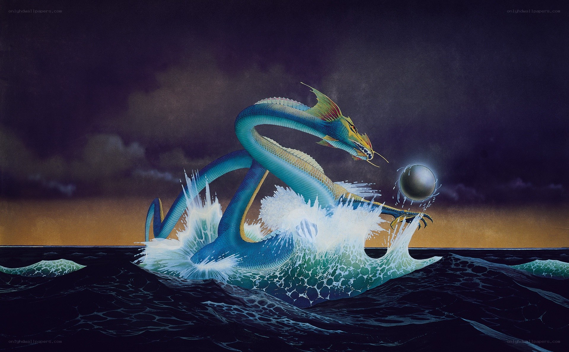 Mythical sea serpent with orb