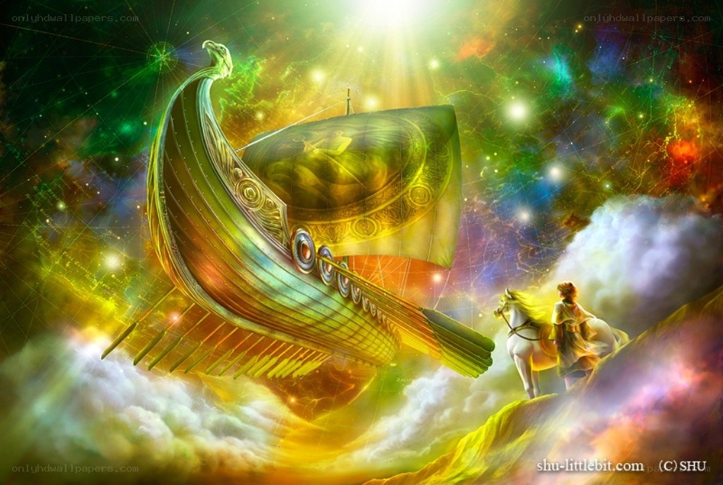 mythical ship in cosmic sky