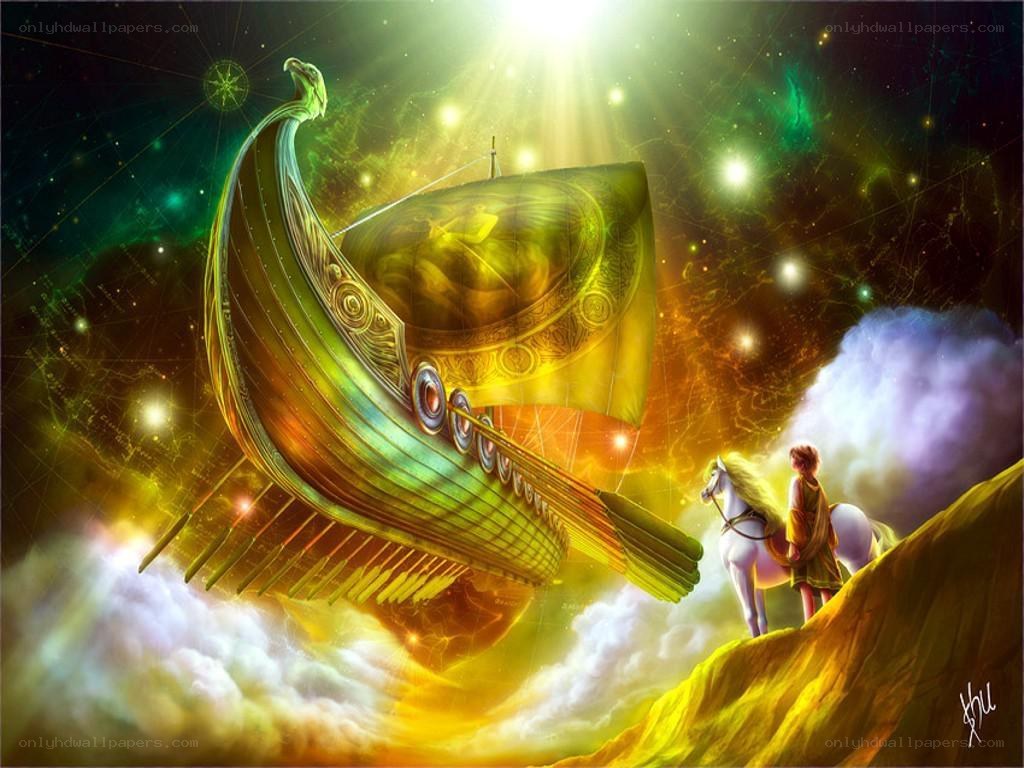 mythical ship in cosmic sky