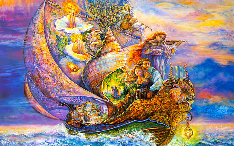 Mythical ship on a colorful sea