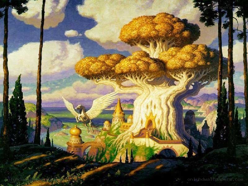 Mythical tree with castle and pegasus