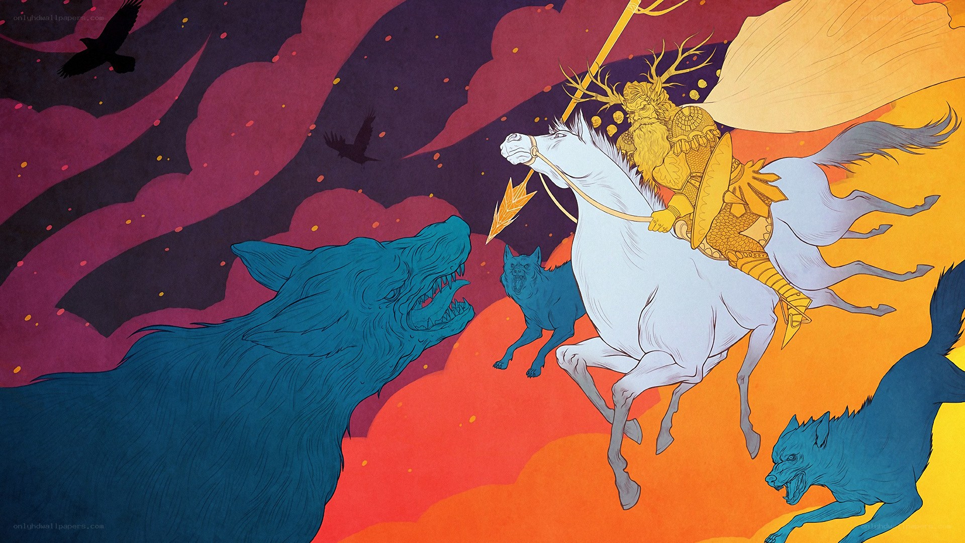 Mythical warrior on white horse