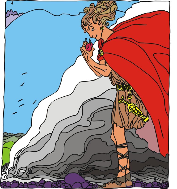 mythical warrior with red cloak