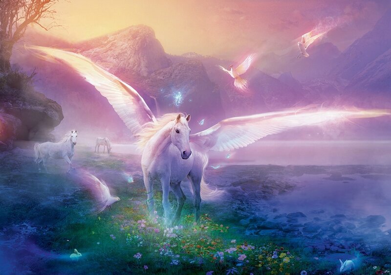 Mythical white pegasus in a dreamy landscape