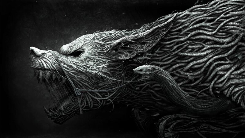Mythical Wolf Creature — Black, Dark, Digital Art, Snake