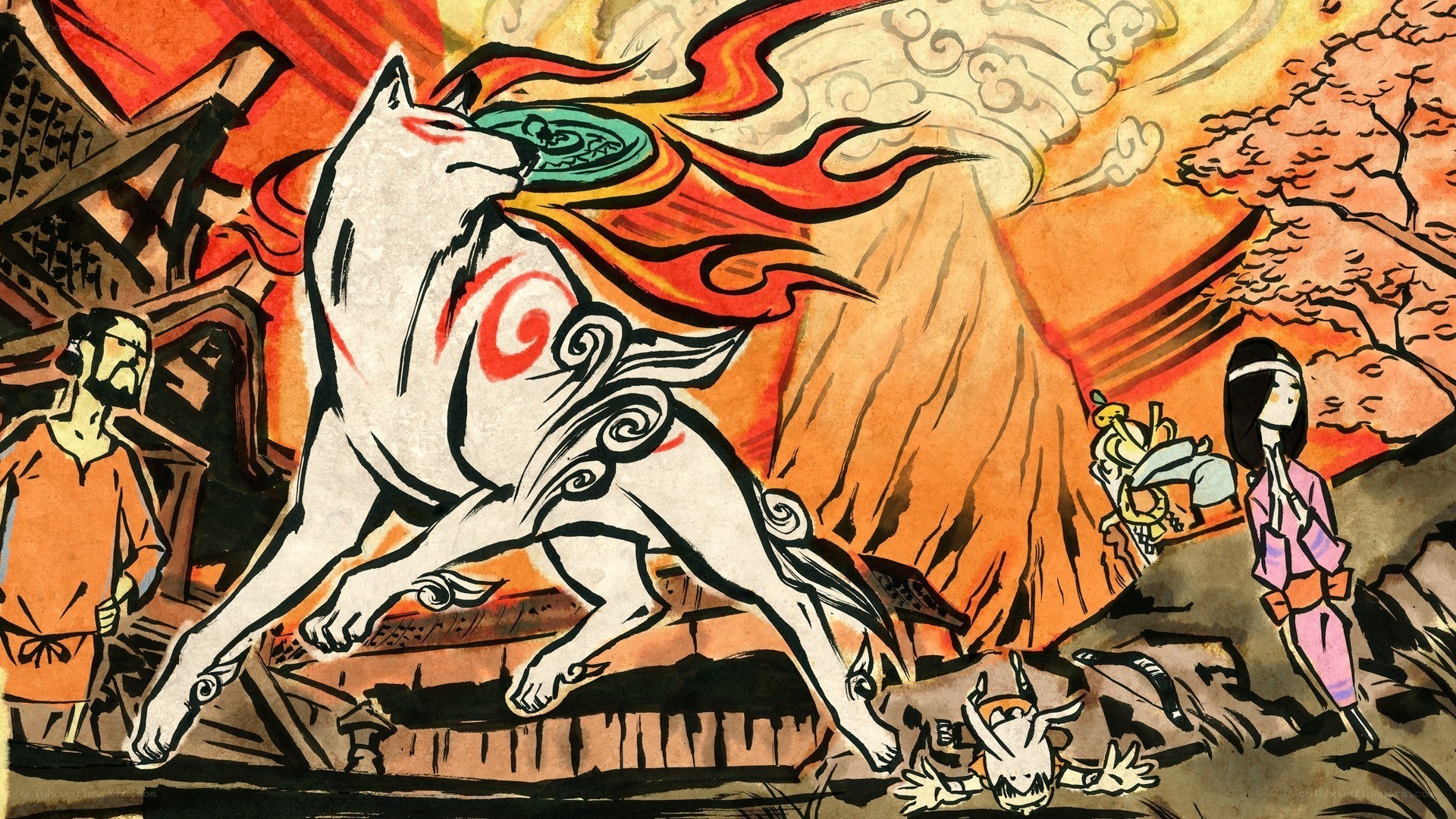 Mythical wolf in a fiery scene