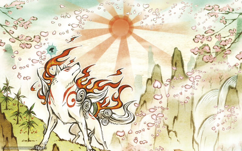 Mythical wolf under cherry blossoms