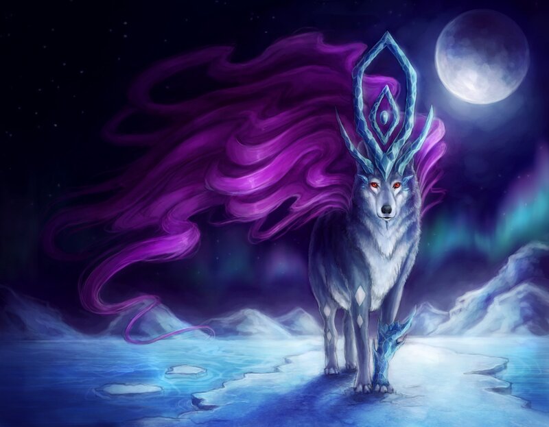 Mythical Wolf with Antlers — Purple, Dramatic, Night