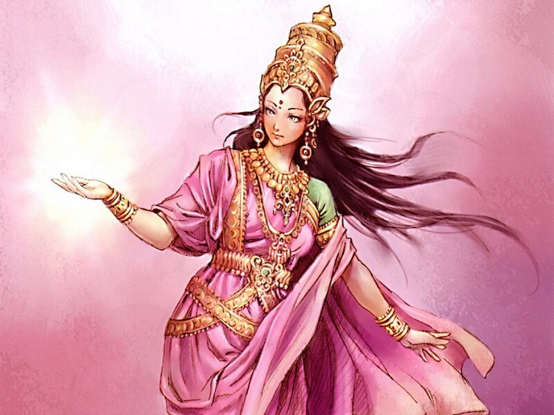 mythological woman in pink attire
