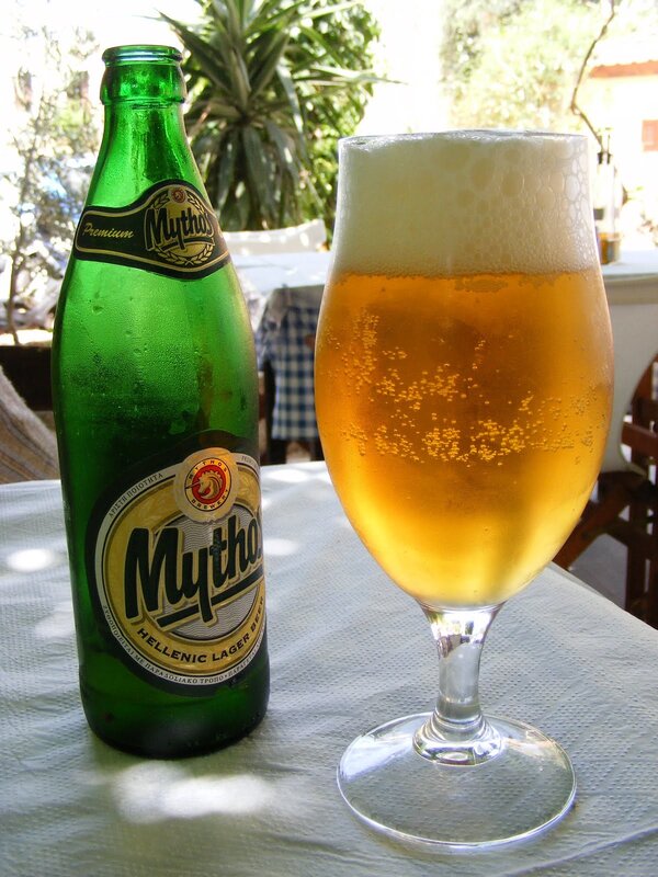 Mythos beer bottle and glass