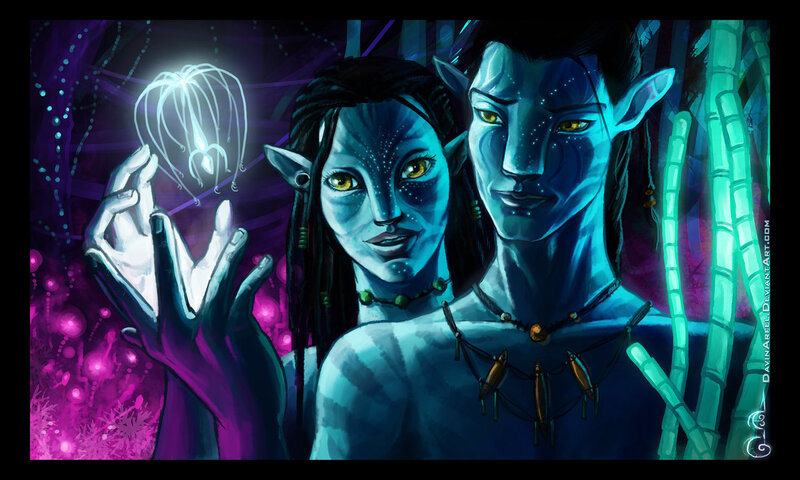 Na'vi couple in bioluminescent forest
