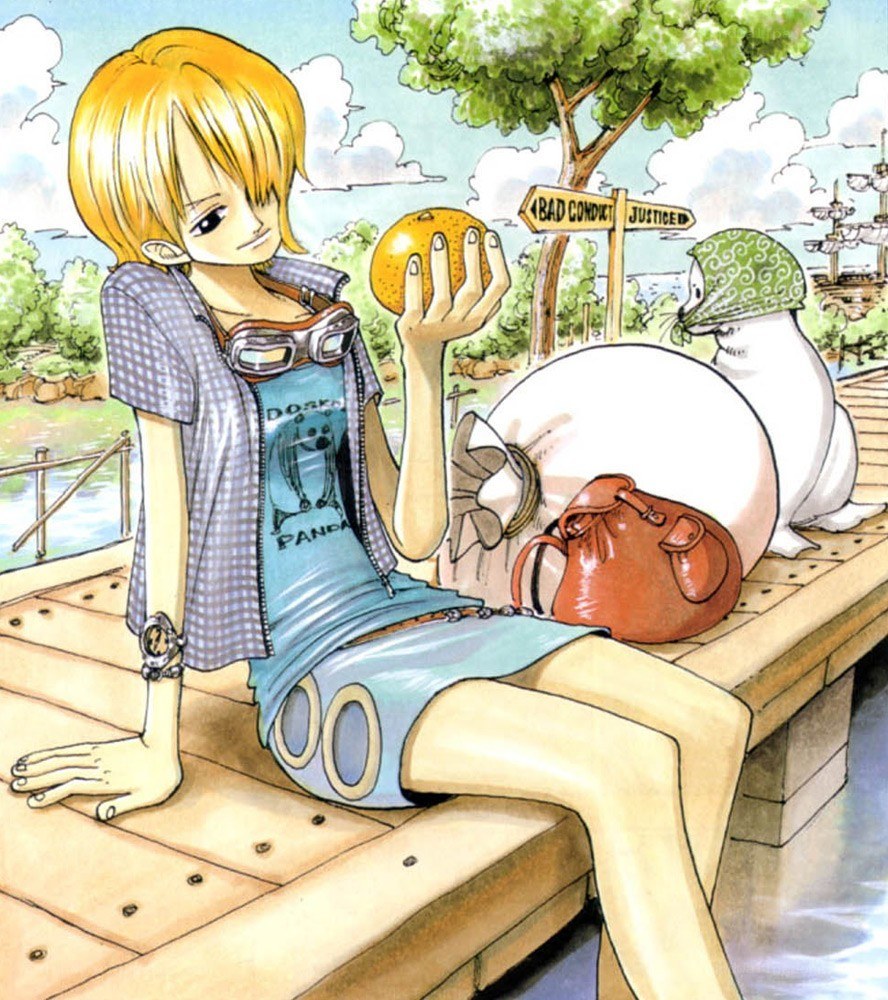 Nami on a dock with a fruit