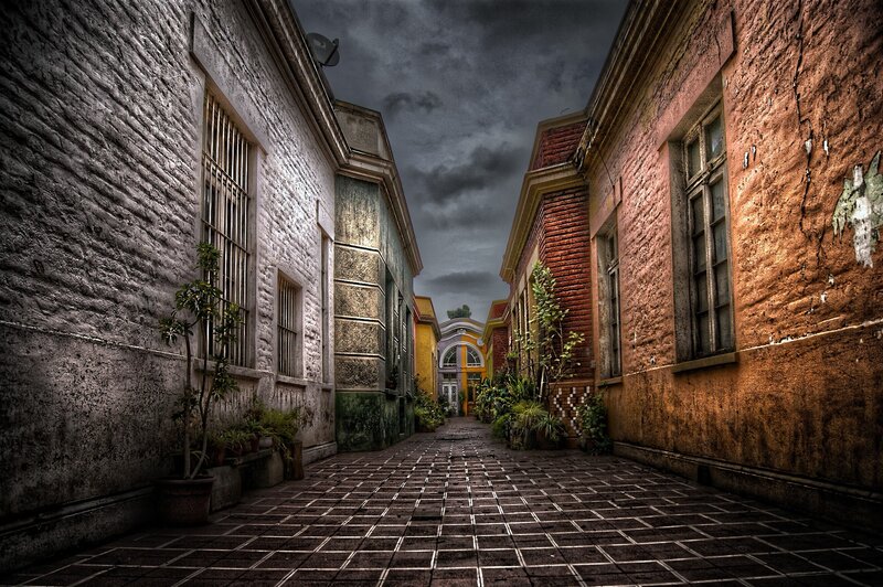 Narrow Alley with Brick Buildings