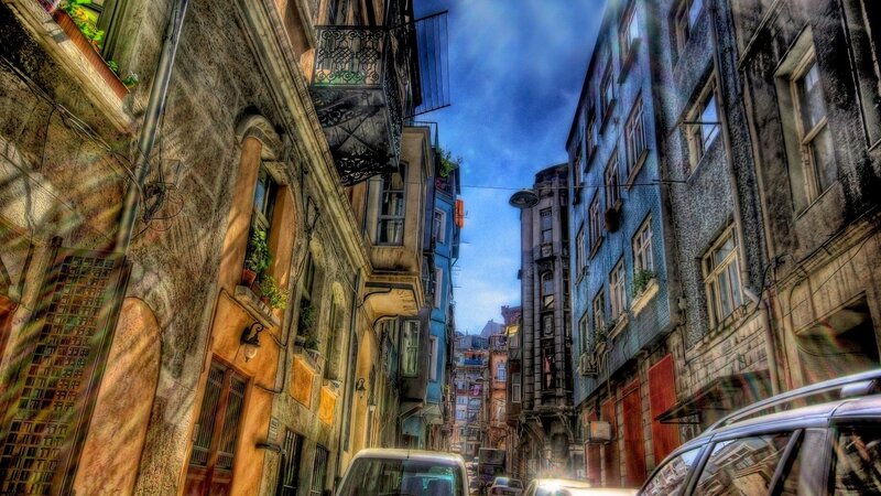 Narrow Alley with Old Buildings — Blue