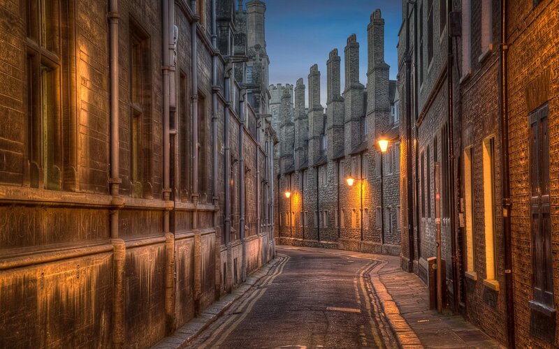 Narrow Alley with Stone Buildings — Brown, Dramatic