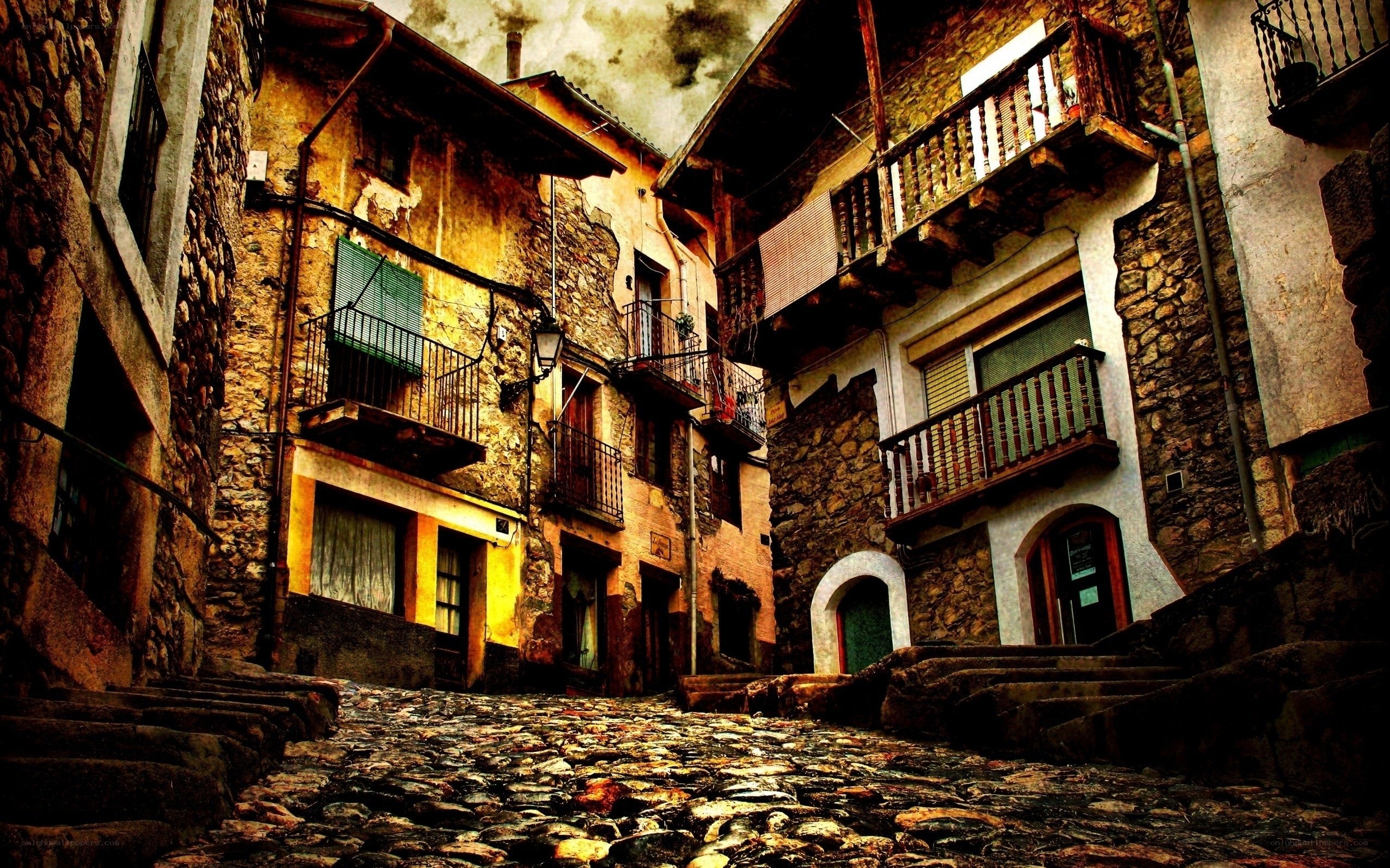 narrow cobblestone street in old town