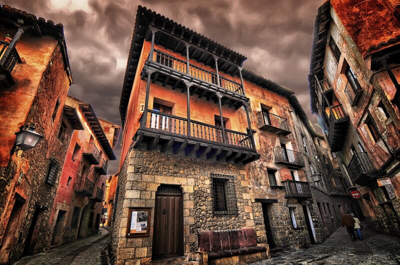 Narrow street with historic buildings