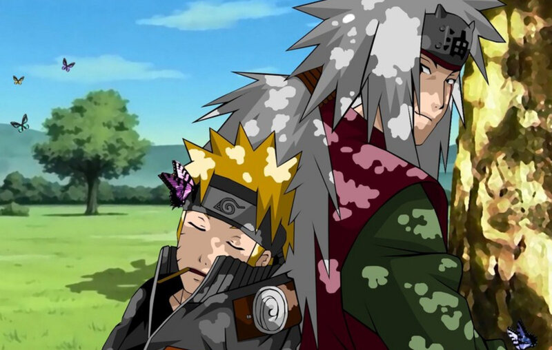 Naruto and Jiraiya in a field