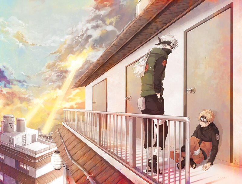 Naruto and Kakashi on a balcony
