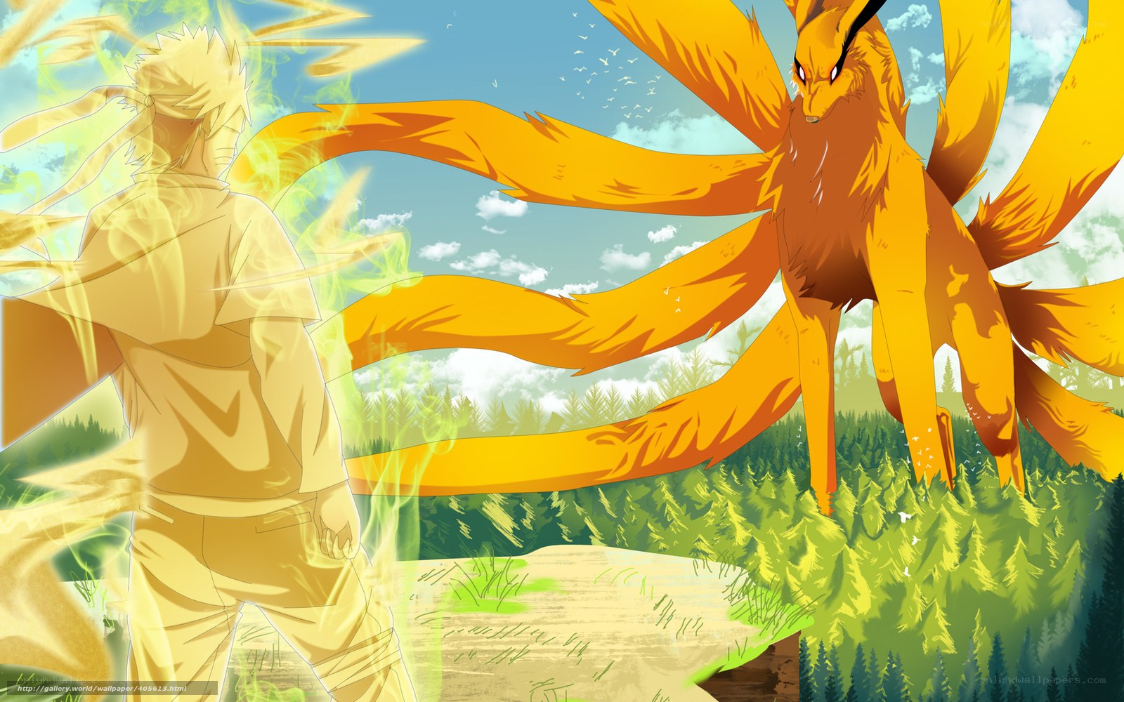 Naruto and Kurama in forest