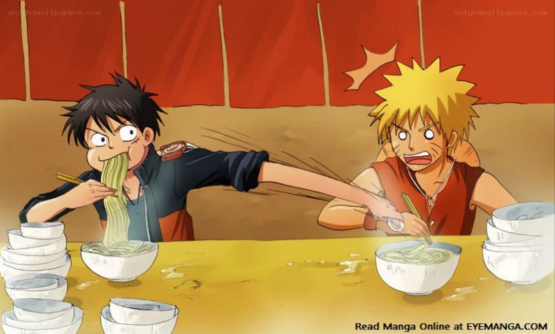 Naruto and Luffy eating noodles