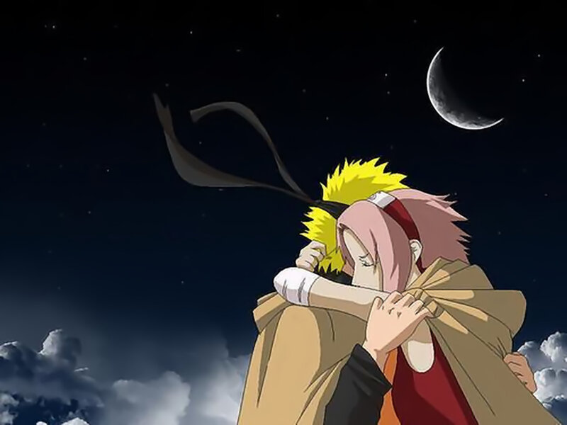 Naruto and Sakura embrace under the moon