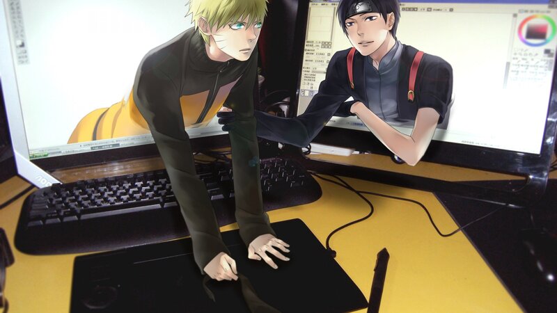 Naruto and Sasuke at a computer