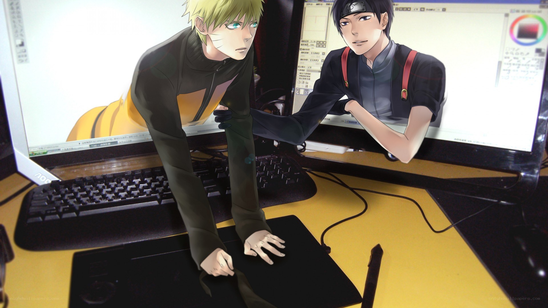 Naruto and Sasuke at a computer
