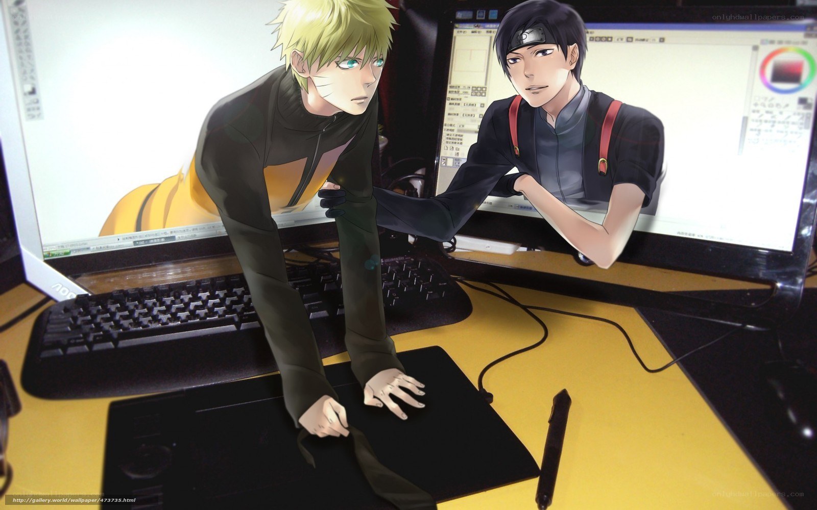 Naruto and Sasuke at a drawing station