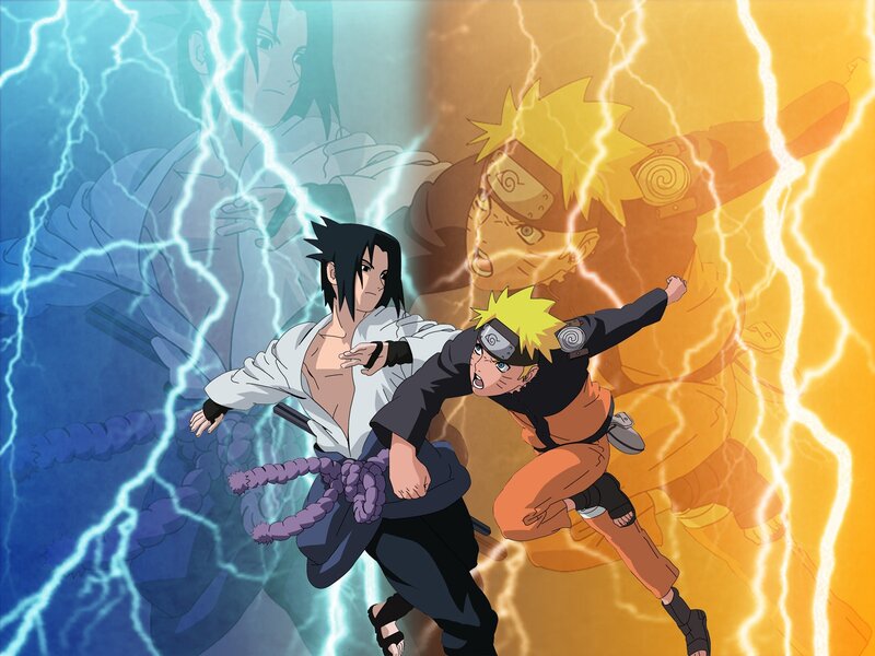 Naruto and Sasuke Fighting — Blue, Dramatic, Anime, Lightning