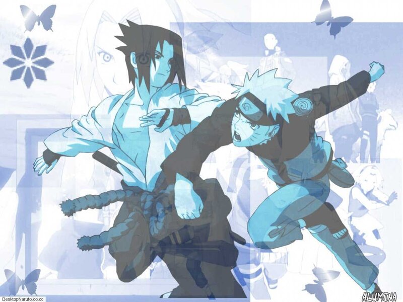 Naruto and Sasuke Fighting — Blue, Dramatic, Manga, Butterflies