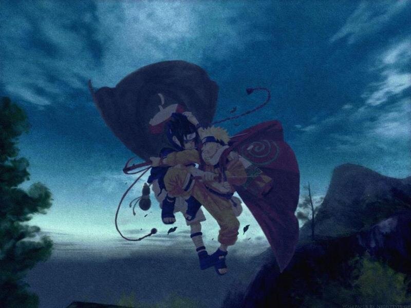 Naruto and Sasuke in mid-air
