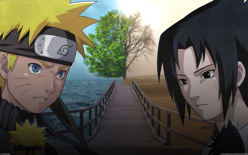 Naruto and Sasuke on a bridge