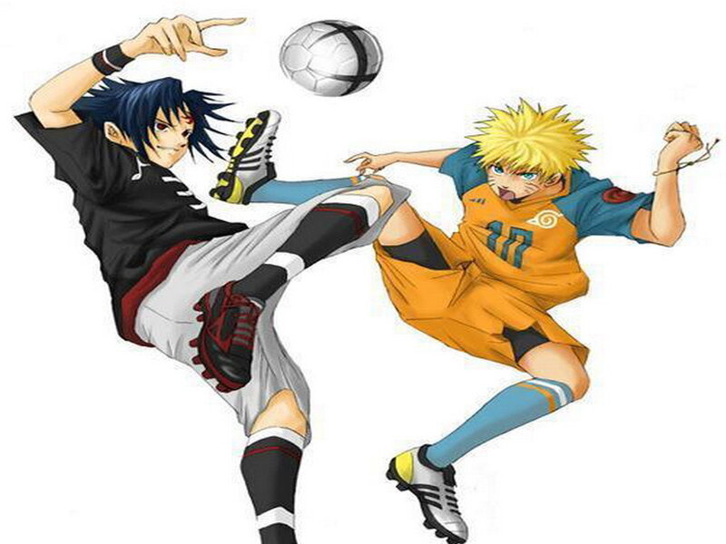 Naruto and Sasuke playing soccer