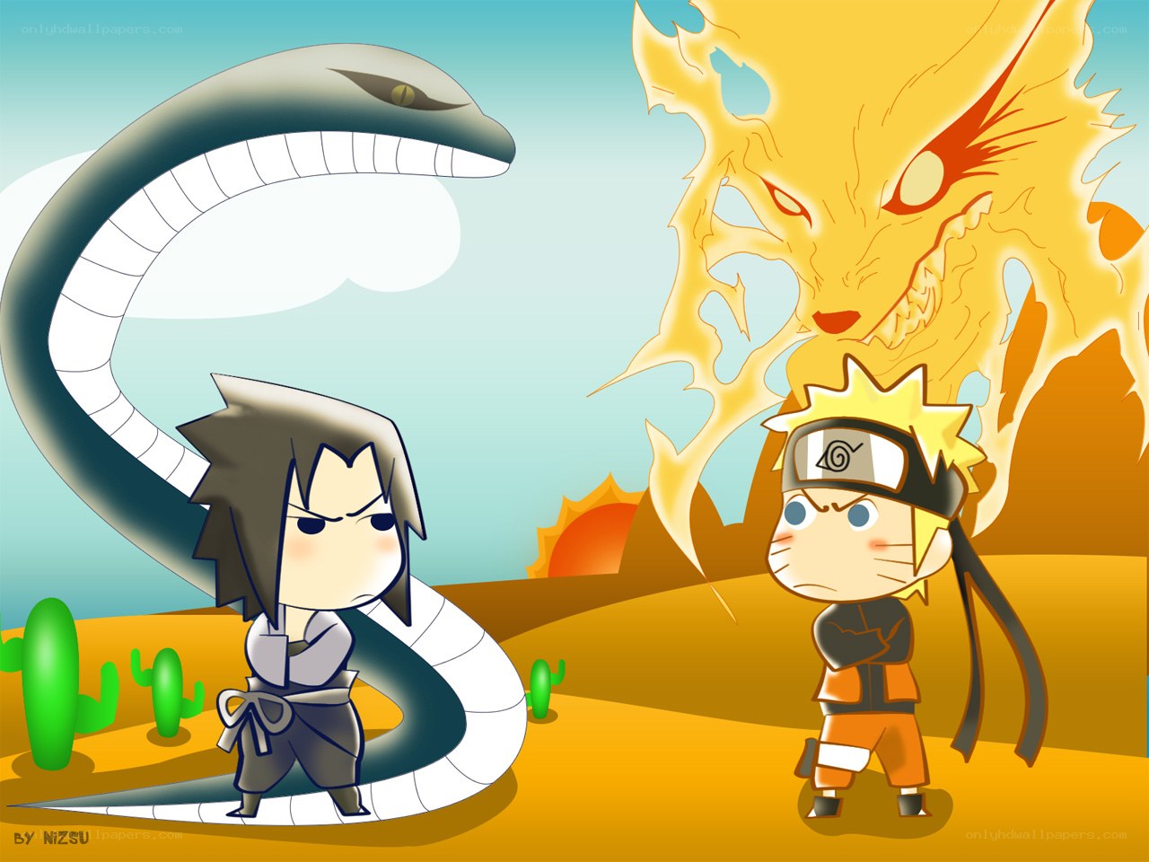 Naruto and Sasuke with their tailed beasts