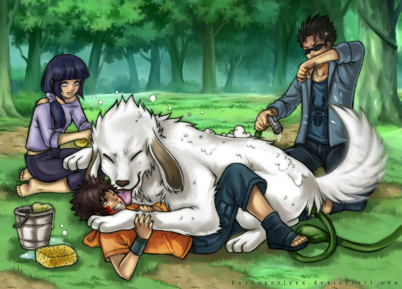 Naruto characters bathing a dog