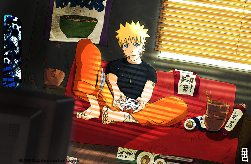 Naruto gaming on couch