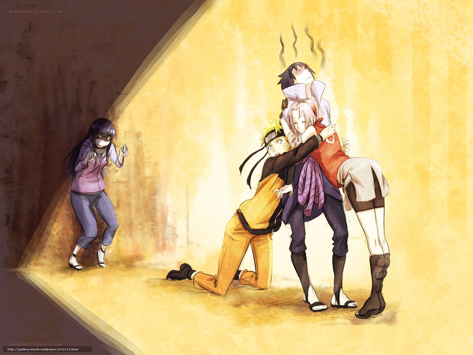 Naruto hugging Sakura and Sasuke