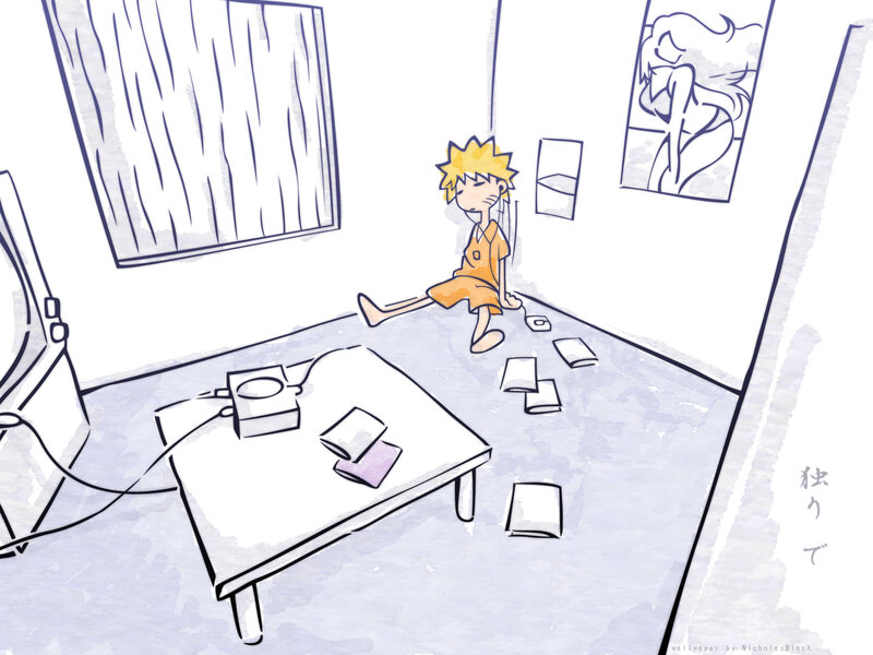 Naruto sitting in a messy room