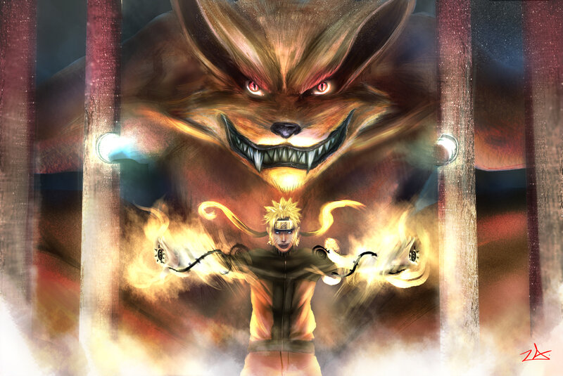 Naruto with Kurama — Orange, Dramatic, Digital Art