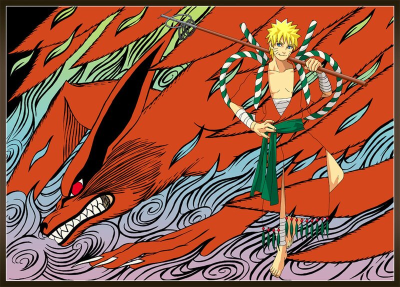 Naruto with Nine-tailed Fox — Red, Dramatic, Manga