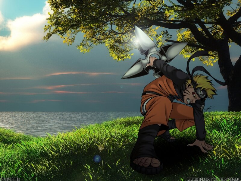 Naruto with shuriken by the sea
