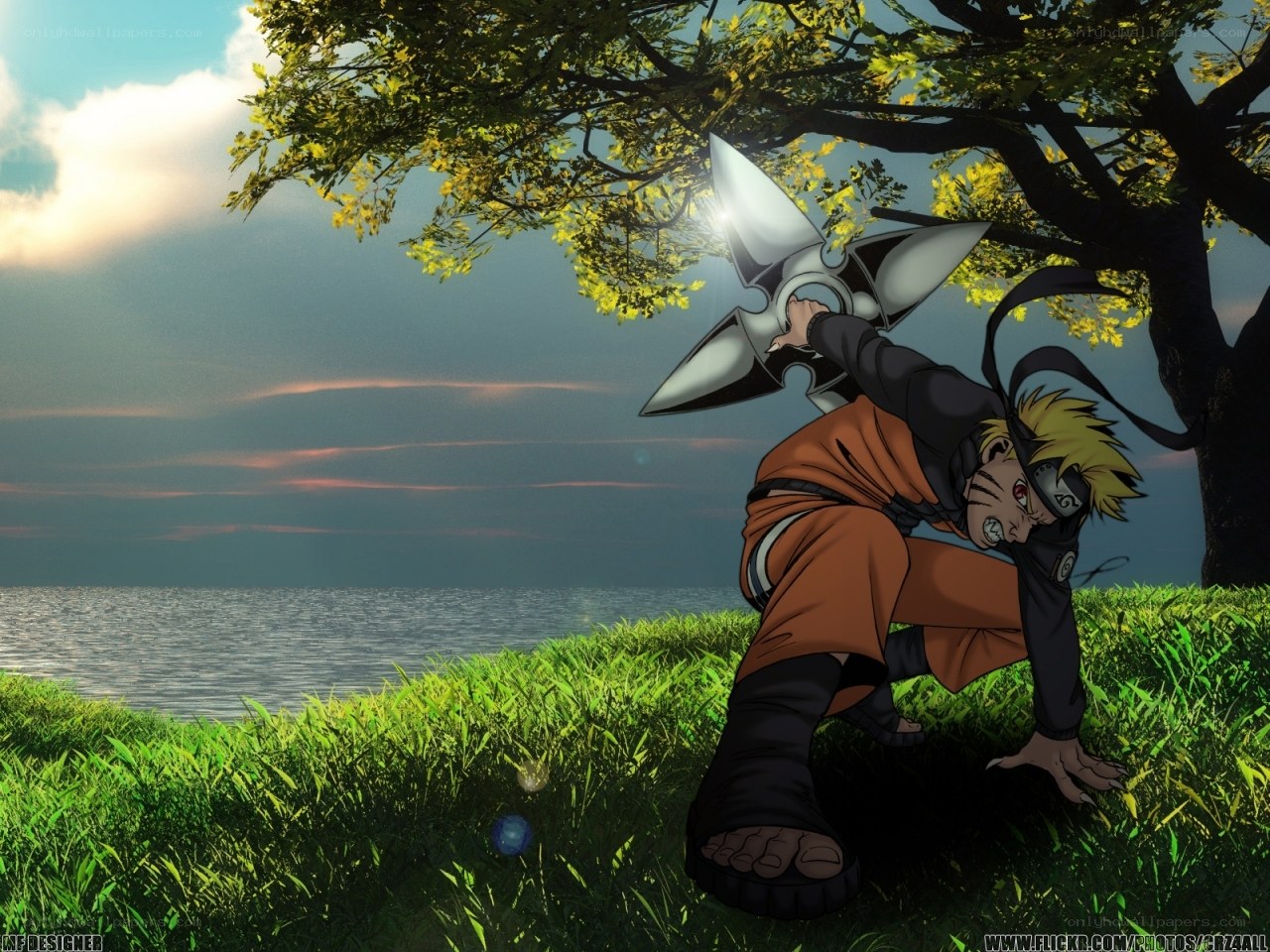 Naruto with shuriken by the sea